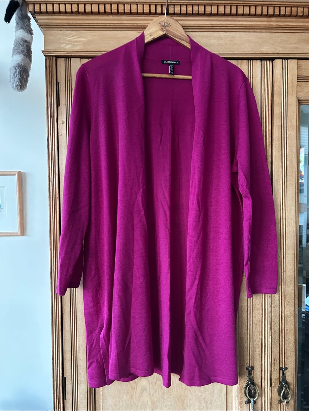New Eileen Fisher Open-Front 100% Merino Wool Cardigan - Fuchsia XL